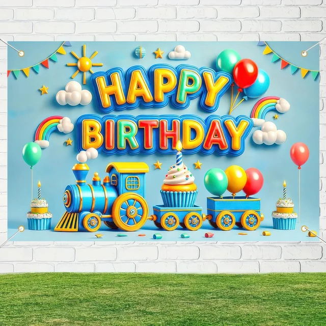 Alt view image 5 of 6 - Blue Train Birthday Banner 71x43 Inch Little Engineer Decor Polyester, Train Theme Design, Happy birthday backdrop for room, yard, park