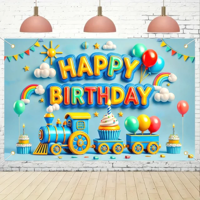 Alt view image 6 of 6 - Blue Train Birthday Banner 71x43 Inch Little Engineer Decor Polyester, Train Theme Design, Happy birthday backdrop for room, yard, park