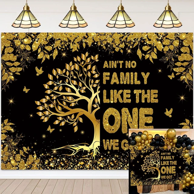 Main image of Family Reunion Backdrop 8x6FT Black Gold Family Tree Reunion Welcome to Our Family Members Photography Background Family Gathering Party Decorations Supplies Banner Photo Booth Props