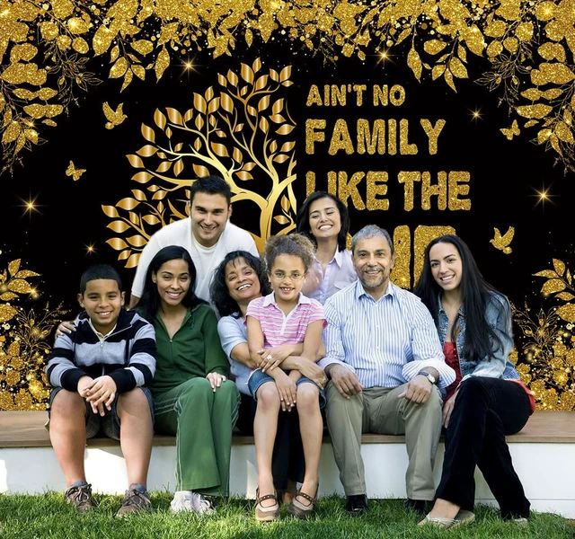 Alt view image 3 of 7 - Family Reunion Backdrop 8x6FT Black Gold Family Tree Reunion Welcome to Our Family Members Photography Background Family Gathering Party Decorations Supplies Banner Photo Booth Props
