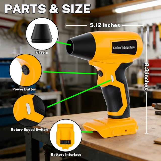 Alt view image 3 of 7 - Cordless Dust Blower Compatible with Dewalt 20V Max Battery, Handhled Leaf Blower Electric Compressed Air Duster Turbo Jet Fan with Nozzles for Blowing Leaves and Dust(Battery Not Included)