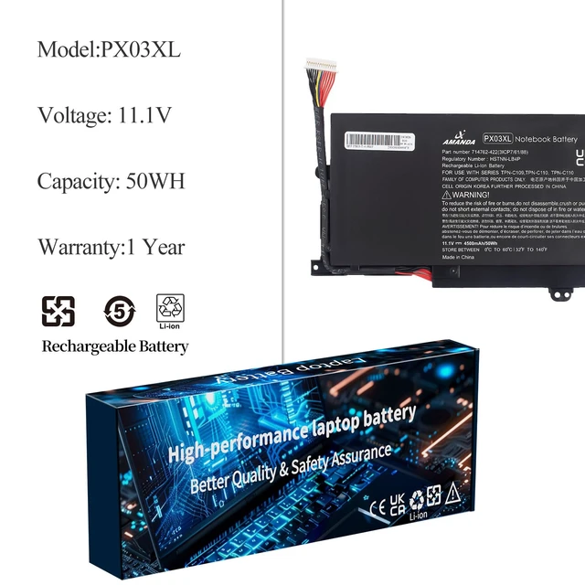 Alt view image 2 of 6 - PX03XL PXO3XL 715050-001 Battery for HP Envy 14 Touchsmart M6 M6-K 11.1V50Wh for HP Sleekbook M6-K125DX M6-K015DX M6-K025DX M6-K010DX M6-K022DX 14- K112NR 714762-1C1 TPN-C109 TPN-C110 TPN-C111