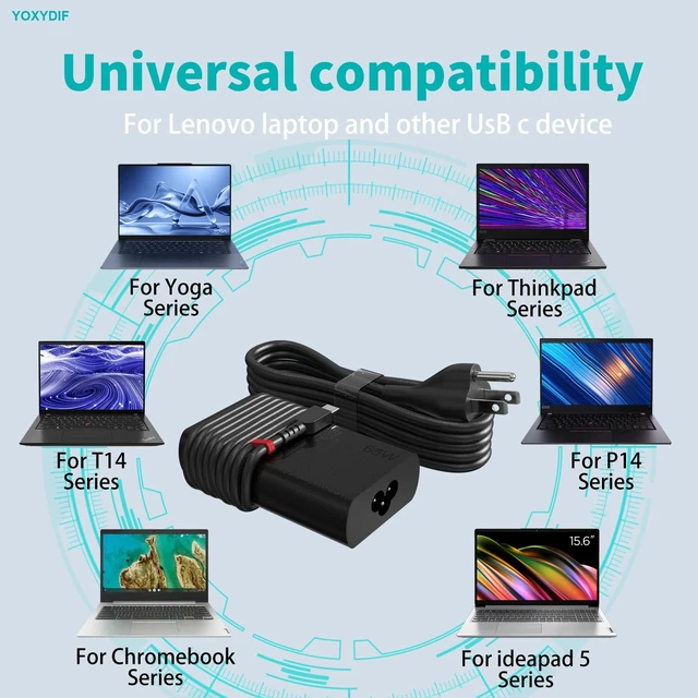 Alt view image 3 of 7 - New Slim 65W USB C Laptop Charger Fits for Lenovo Thinkpad Laptop Charger Compatible with Lenovo Yoga 7i 9i 730 730s s730 Computer AC Power Cord Adapter Type C Thinkpad X1 T14 T14s T15 T16 T480