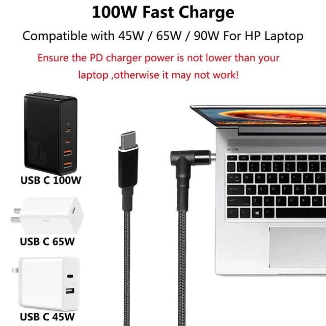 Alt view image 4 of 7 - USB C to 4.5mm Laptop Charging Cable Adapter Male Type C to Right Angle DC 4.5 x 3.0mm Converter 6.5ft 100W PD Power Charger Supply Extension Cord for Stream 11 13 14 15 Pavilion Spectre Chromebook HP