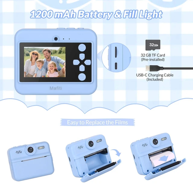 Alt view image 6 of 7 - Kids Camera Instant Print, 48MP Digital Camera Selfie 1080P Video with 32G TF Card, Toys Gifts for Girls Boys Aged 3-12 for Christmas/Birthday/Holiday (Blue)