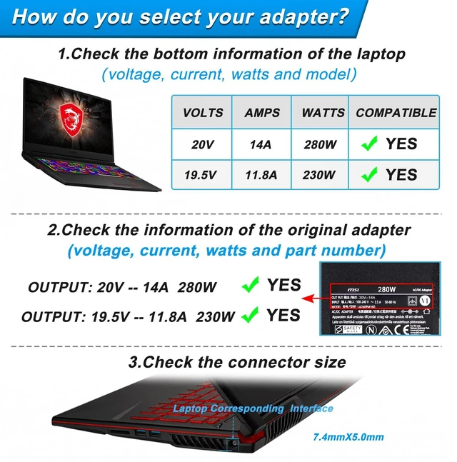 Alt view image 3 of 7 - Replacement for MSI 280W 230W 180W Charger Compatible with MSI GE75 Raider GE75VR GE73 GE73VR GE65 GE63 GE63VR GL63 GL65 GL75 GP75 Leopard Alpha 15 17 A4DEK ADP-280BB B Laptop Charger