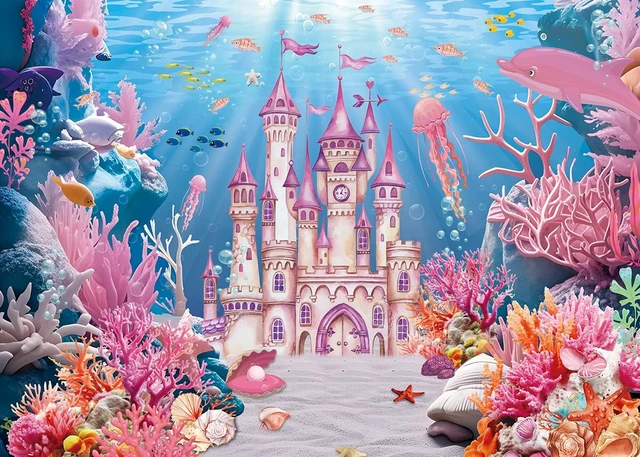 Alt view image 2 of 7 - Under The Sea Backdrop Summer Underwater World Wonderland Castle Coral Shell Mermaid Ocean Theme Photography Background Girls Princess Baby Shower Birthday Party Decorations Photo Props (8x6FT)