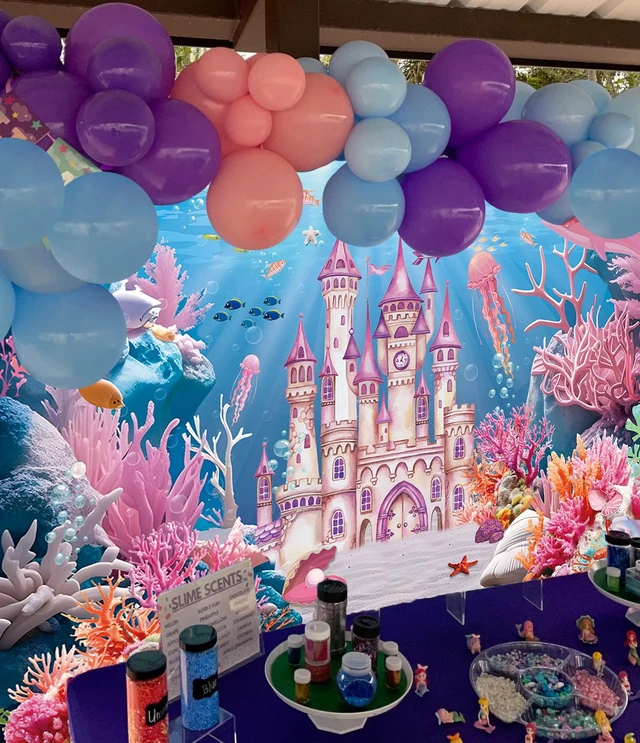 Alt view image 6 of 7 - Under The Sea Backdrop Summer Underwater World Wonderland Castle Coral Shell Mermaid Ocean Theme Photography Background Girls Princess Baby Shower Birthday Party Decorations Photo Props (8x6FT)