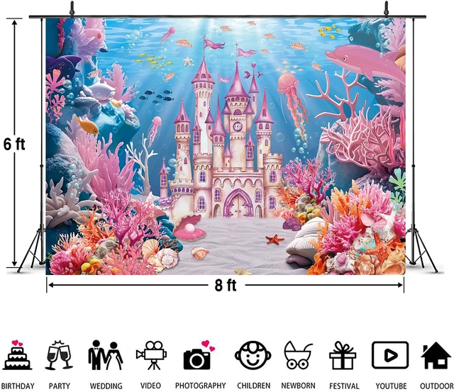 Alt view image 7 of 7 - Under The Sea Backdrop Summer Underwater World Wonderland Castle Coral Shell Mermaid Ocean Theme Photography Background Girls Princess Baby Shower Birthday Party Decorations Photo Props (8x6FT)