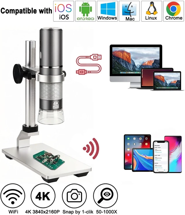 Alt view image 2 of 7 - 4K WiFi USB Digital Handheld Microscope with Professional Stand 50-1000x Wireless Endoscope 4K 3840x2160P Camera 8 LEDs for iPhone, iPad, Android, Mac, Win, Linux