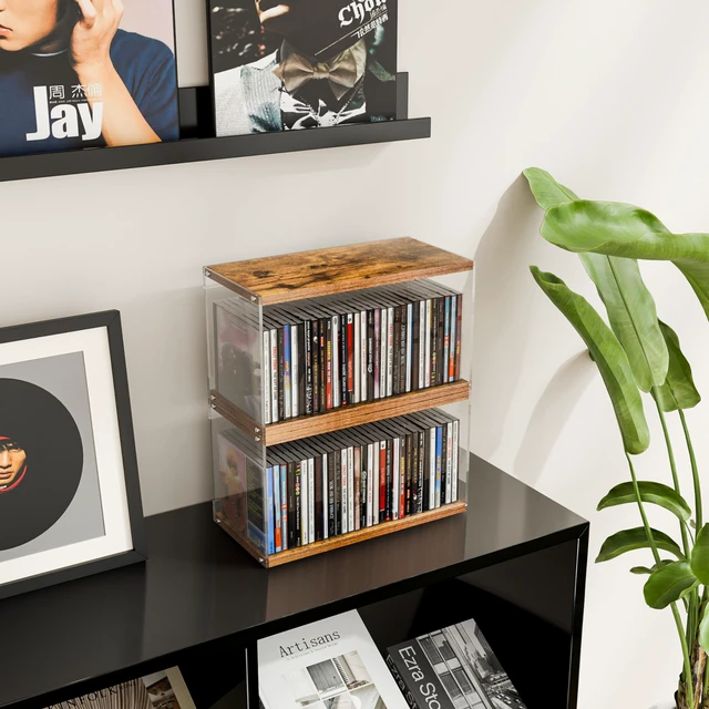Alt view image 3 of 5 - 2Pack Stackable Wood Acrylic CD Holder Desk Rack Organizer Holds up to 60 CD Jewel Cases Media Storage Rack for Movie & Video Games Collections (Burning Wood, Short)