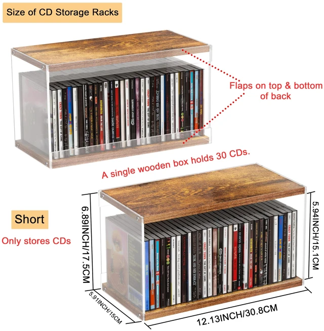 Alt view image 2 of 5 - 2Pack Stackable Wood Acrylic CD Holder Desk Rack Organizer Holds up to 60 CD Jewel Cases Media Storage Rack for Movie & Video Games Collections (Burning Wood, Short)
