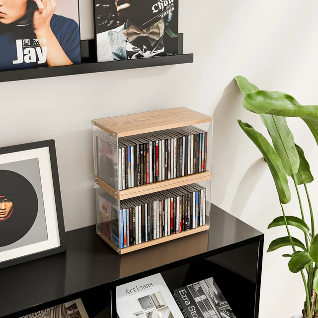 Alt view image 3 of 5 - 2Pack Stackable Wood Acrylic CD Holder Desk Rack Organizer Holds up to 60 CD Jewel Cases Media Storage Rack for Movie & Video Games Collections (Natural Wood, Short)