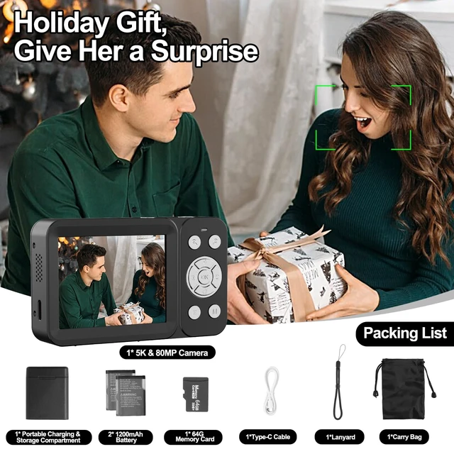 Alt view image 6 of 7 - Upgraded 5K Dual Screen Digital Camera,80MP Vlog Photography Camera for YouTube,Campus,Travel,Compact Point & Shoot Camera for Teens & Beginners with Autofocus,18x Zoom,Anti-Shake,Black