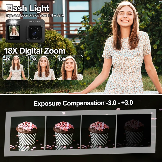Alt view image 7 of 7 - Upgraded 5K Dual Screen Digital Camera,80MP Vlog Photography Camera for YouTube,Campus,Travel,Compact Point & Shoot Camera for Teens & Beginners with Autofocus,18x Zoom,Anti-Shake,Black