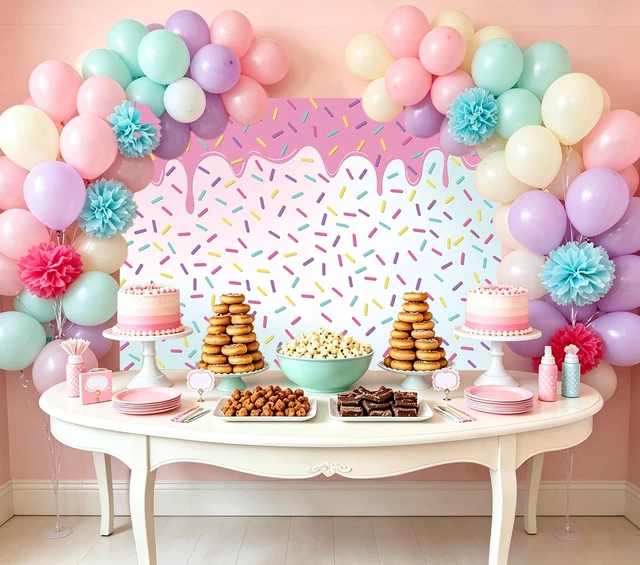 Alt view image 3 of 5 - Donut Grow Up Birthday Backdrop 8x6ft Donut Party Decoration,Bright Confetti Sprinkle Photography Background,Girl Baby Shower Decor,Polyester