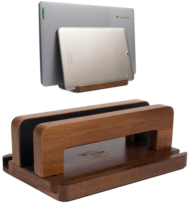 Main image of 3 Slots Acacia Wood Vertical Laptop Stand, Adjustable Wooden Laptop Holder, Non-Slip Laptop Dock Compatible with Apple MacBook, Microsoft Surface, Gaming Laptops, IPad, Tablets