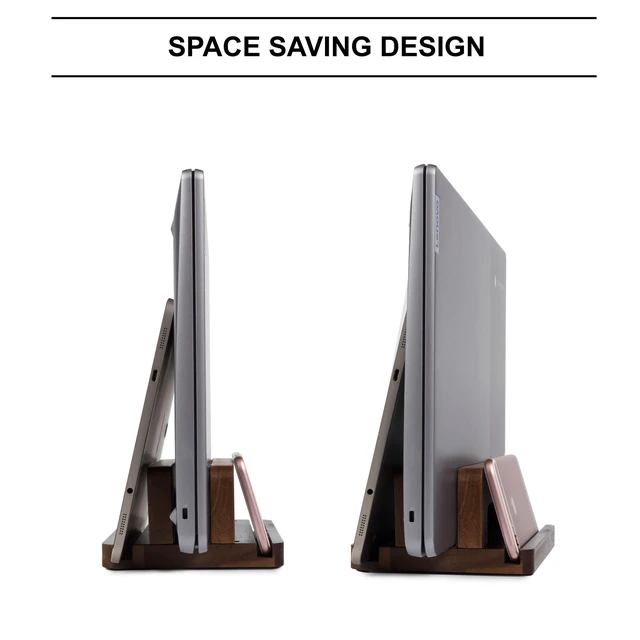 Alt view image 6 of 7 - 3 Slots Acacia Wood Vertical Laptop Stand, Adjustable Wooden Laptop Holder, Non-Slip Laptop Dock Compatible with Apple MacBook, Microsoft Surface, Gaming Laptops, IPad, Tablets