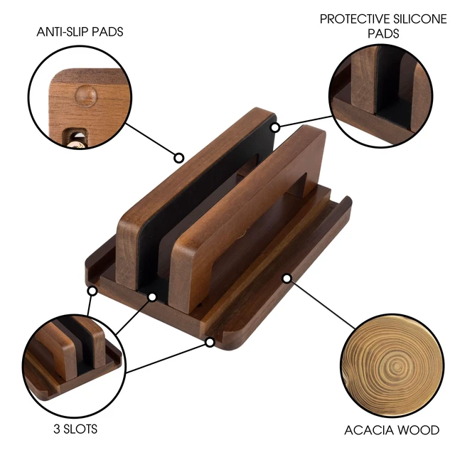 Alt view image 3 of 7 - 3 Slots Acacia Wood Vertical Laptop Stand, Adjustable Wooden Laptop Holder, Non-Slip Laptop Dock Compatible with Apple MacBook, Microsoft Surface, Gaming Laptops, IPad, Tablets