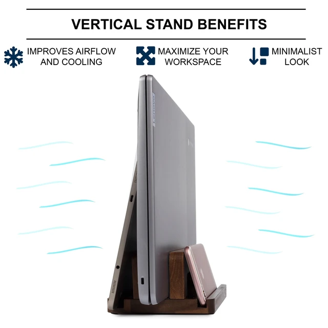 Alt view image 5 of 7 - 3 Slots Acacia Wood Vertical Laptop Stand, Adjustable Wooden Laptop Holder, Non-Slip Laptop Dock Compatible with Apple MacBook, Microsoft Surface, Gaming Laptops, IPad, Tablets