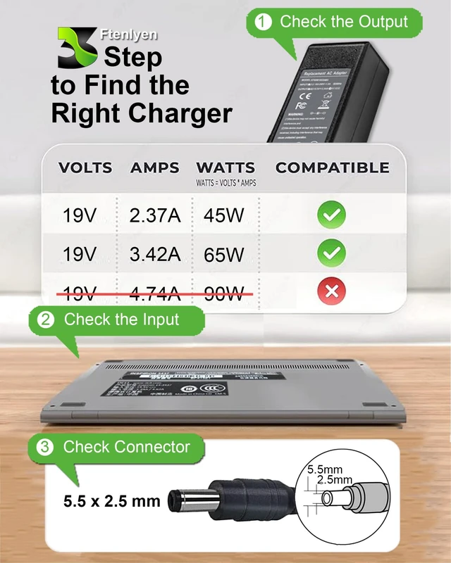 Alt view image 2 of 6 - 65W AC Adapter Charger Compatible with Toshiba Satellite C55 C55D C655 C855 C855D L745 L655 L755 L55 P755 C675 L775D P845T P855 Z830 S55 Z30 A665 C55-A C55T C75D Z930 E45T Power Supply Cord