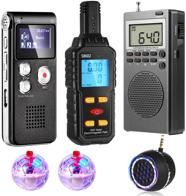 Main image of 6 Pcs Ghost Hunting Equipment Kit for Paranormal Enthusiasts Complete Paranormal Investigation Tools, Ghost Hunting Box, 1 EMF Meter, 1 EVP Voice Recorder, 2 LED Balls, 1 Speaker Set