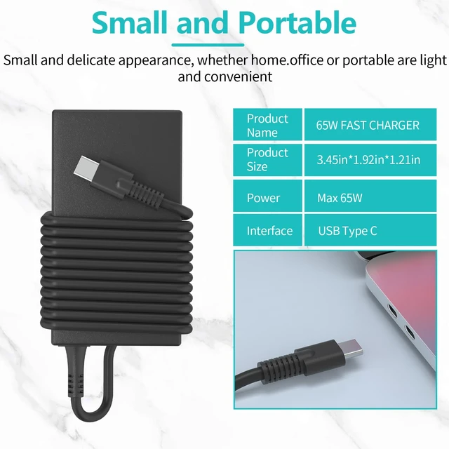 Alt view image 3 of 7 - 65W USB C L67440-001 Laptop Charger Compatible with HP EliteBook 830 840 G8 G9, Probook 440 450 G10, Envy x360 15 & Spectre x360, L65505-002 Type C Fast Charging Power Supply Adapter
