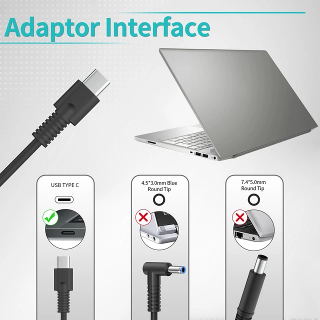 Alt view image 4 of 7 - 65W USB C L67440-001 Laptop Charger Compatible with HP EliteBook 830 840 G8 G9, Probook 440 450 G10, Envy x360 15 & Spectre x360, L65505-002 Type C Fast Charging Power Supply Adapter