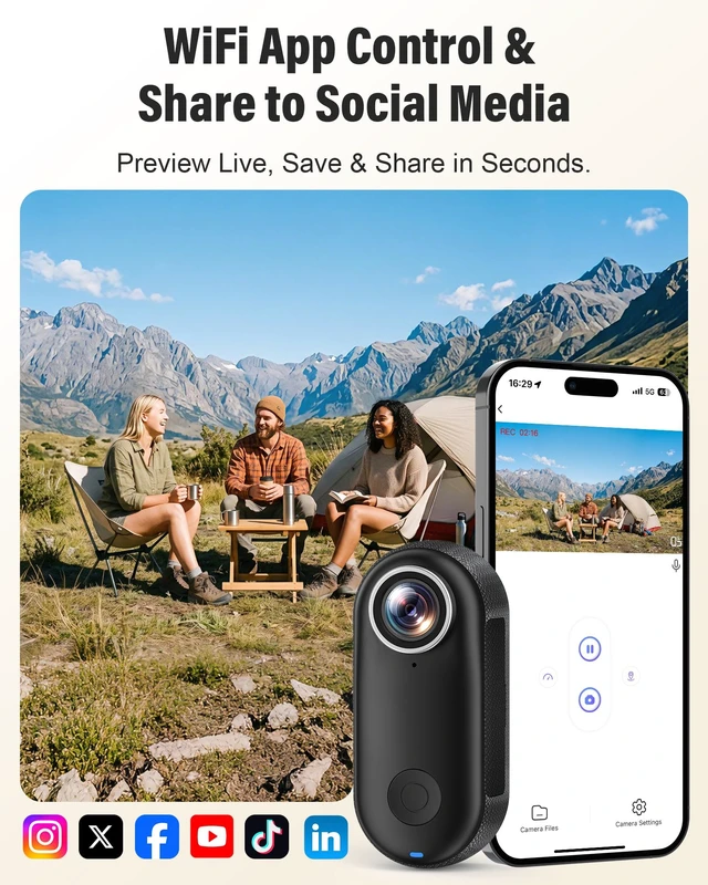 Alt view image 3 of 7 - Mini Body Camera 4K, Thumb Action Camera with 123° wide-angle Lens, Wearable Cam with 360° Rotatable Clip, Portable Pov Cam Magnetic Mount for Chest/Vlogging/Bike, Wi-Fi, APP, Waterproof(No SD Card)