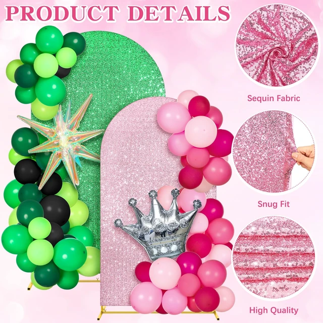 Alt view image 2 of 7 - 2 Set Pink & Green Arch Backdrop for Witch Party Birthday Princess Party Decorations, Glitter Stretch Fabric Arch Cover, 6ft 7.2ft, for Musical Theatre Party Photo Supplies