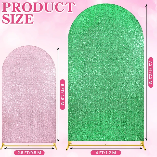 Alt view image 3 of 7 - 2 Set Pink & Green Arch Backdrop for Witch Party Birthday Princess Party Decorations, Glitter Stretch Fabric Arch Cover, 6ft 7.2ft, for Musical Theatre Party Photo Supplies
