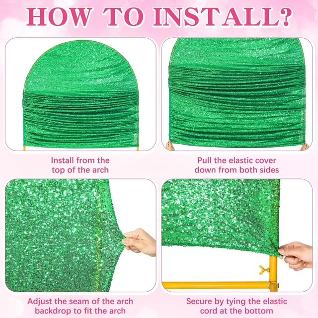 Alt view image 4 of 7 - 2 Set Pink & Green Arch Backdrop for Witch Party Birthday Princess Party Decorations, Glitter Stretch Fabric Arch Cover, 6ft 7.2ft, for Musical Theatre Party Photo Supplies