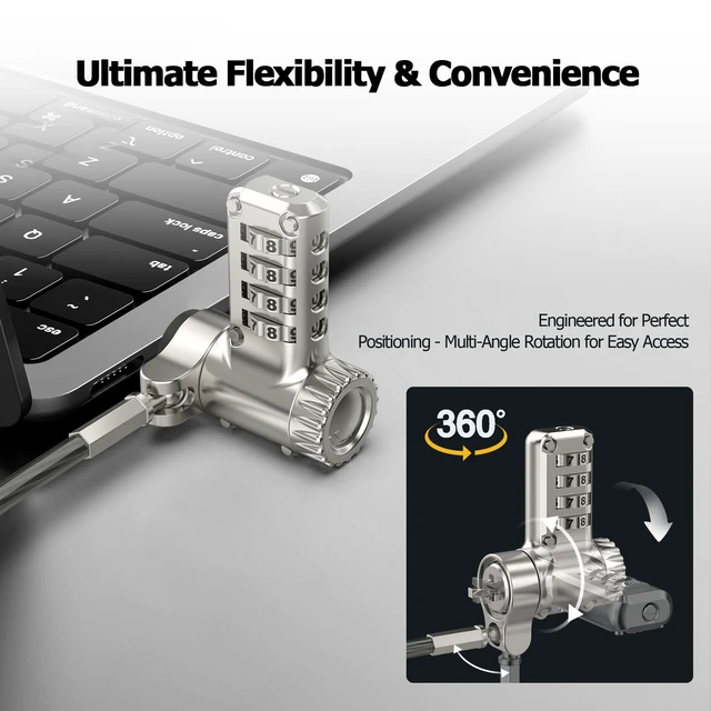 Alt view image 5 of 7 - 3-in-1 Universal Laptop Cable Lock - Professional Laptop Security Combination Lock Compatible with K-Slot, Nano & Wedge Slot - Resettable 4-Digit Steel Locking Cable with 360° Rotating Head