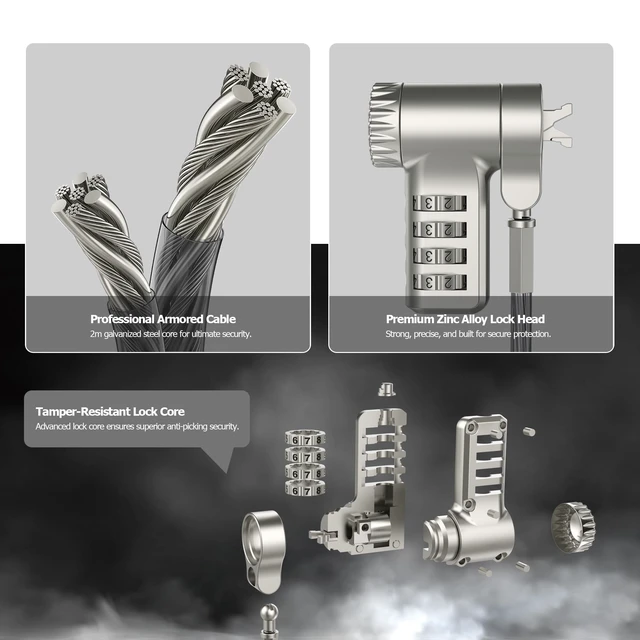 Alt view image 4 of 7 - 3-in-1 Universal Laptop Cable Lock - Professional Laptop Security Combination Lock Compatible with K-Slot, Nano & Wedge Slot - Resettable 4-Digit Steel Locking Cable with 360° Rotating Head
