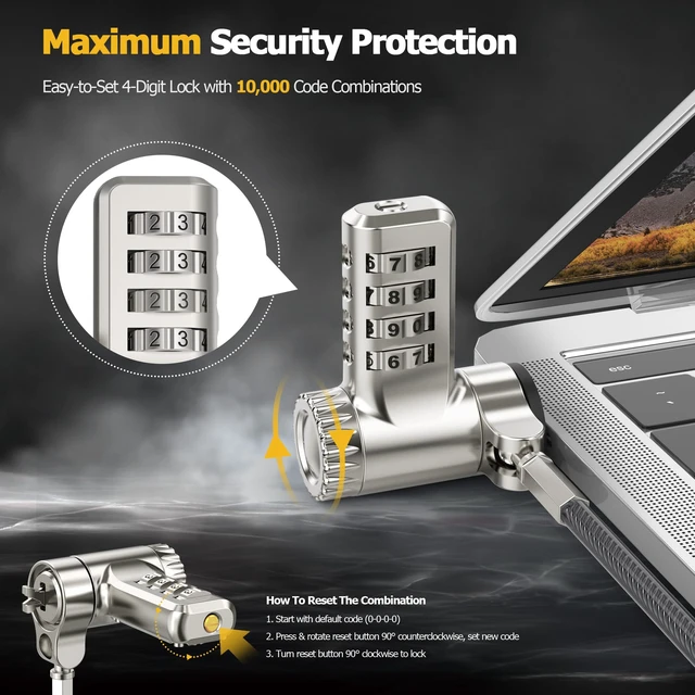 Alt view image 7 of 7 - 3-in-1 Universal Laptop Cable Lock - Professional Laptop Security Combination Lock Compatible with K-Slot, Nano & Wedge Slot - Resettable 4-Digit Steel Locking Cable with 360° Rotating Head