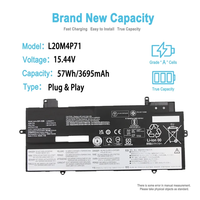 Alt view image 2 of 4 - L20M4P71 Laptop Battery Replacement for Lenovo ThinkPad X1 Carbon 9/10/11th Gen X1 Yoga 6/7/8th Gen Series SB10T83216 5B10W13973 L20C4P71 SB10T83217 5B10W13974 L20D4P71 L20L4P71 15.44V 57Wh