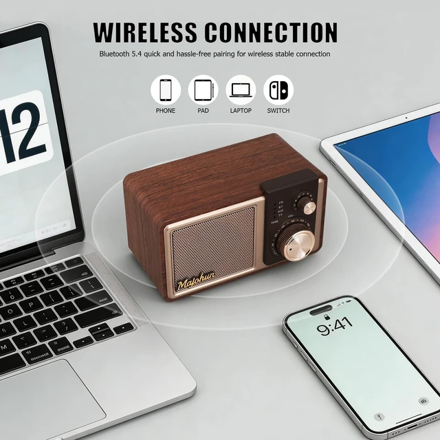 Alt view image 3 of 7 - P07 Retro Wood Mini Bluetooth Speaker with FM Radio, Aux-in & TF Card Brown Walnut Wood Retro Speaker with Classic FM Radio Vintage Desktop Decor with Stable Bluetooth & Multi-Mode Playback