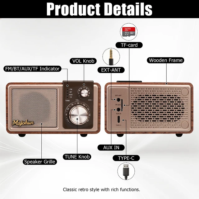 Alt view image 5 of 7 - P07 Retro Wood Mini Bluetooth Speaker with FM Radio, Aux-in & TF Card Brown Walnut Wood Retro Speaker with Classic FM Radio Vintage Desktop Decor with Stable Bluetooth & Multi-Mode Playback