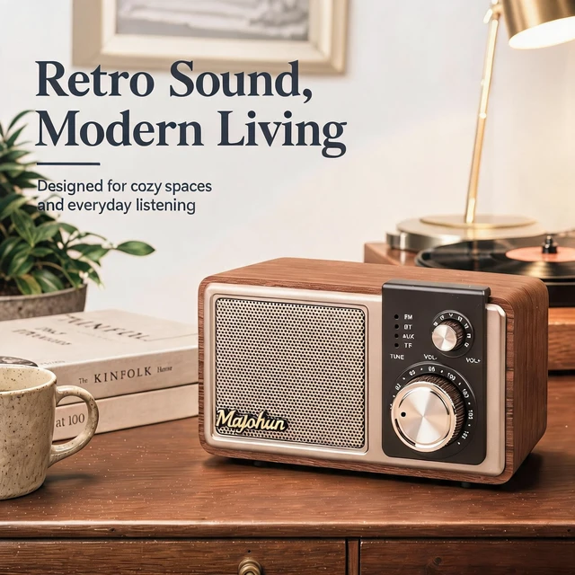 Alt view image 7 of 7 - P07 Retro Wood Mini Bluetooth Speaker with FM Radio, Aux-in & TF Card Brown Walnut Wood Retro Speaker with Classic FM Radio Vintage Desktop Decor with Stable Bluetooth & Multi-Mode Playback
