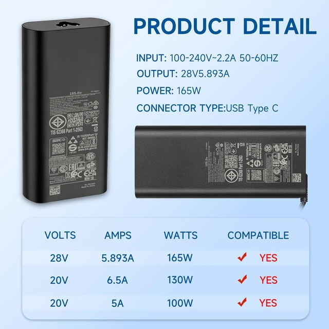 Alt view image 3 of 7 - 165W USB-C GaN Charger Compatible with Dell Precision 5680 5690 For Dell XPS 17 15 9730 Latitude 7640 7340 5540 5440, Inspiron-14 16 Replaces 450-BFVH DA165PM210 HA165PM210 LA165PM210