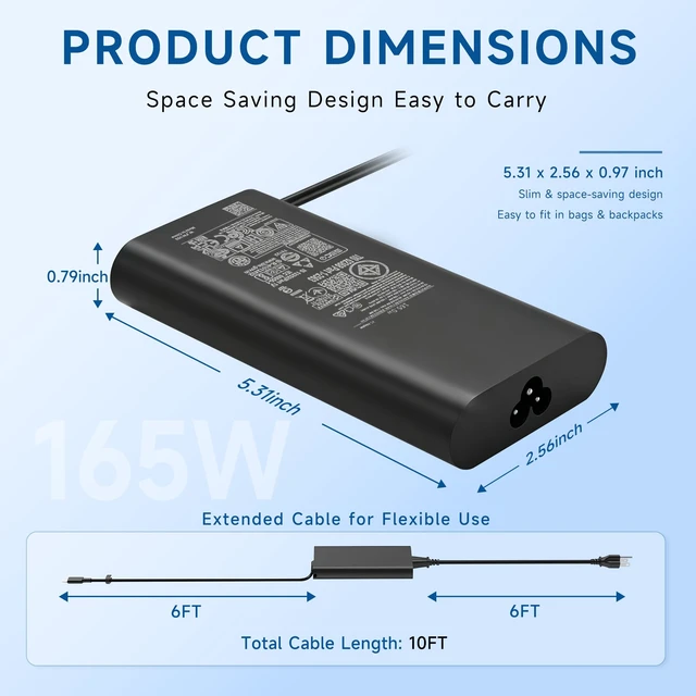 Alt view image 5 of 7 - 165W USB-C GaN Charger Compatible with Dell Precision 5680 5690 For Dell XPS 17 15 9730 Latitude 7640 7340 5540 5440, Inspiron-14 16 Replaces 450-BFVH DA165PM210 HA165PM210 LA165PM210