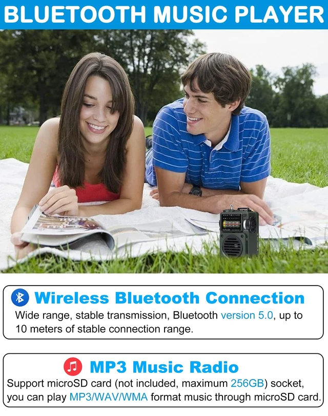 Alt view image 4 of 7 - Shortwave Radio, Bluetooth Speaker Support MicroSD, FM MW WB SW Receiver with NOAA Alerts and Sleep Timer, Rechargeable Retro Analog Radios with Backlit and ATS Preset for Camping HRD700