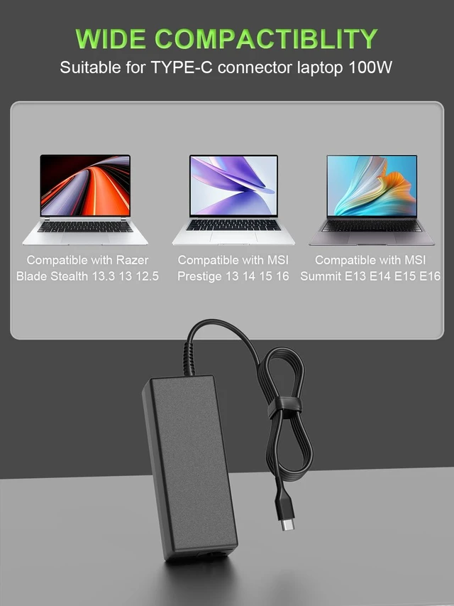 Alt view image 3 of 7 - 100W 65W USB C Charger Compatible with Razer Blade Stealth 13 & Msi Prestige 13 14 15 16 Summit E13 E14 E15 E16 Laptop Power Supply Adapter Cord