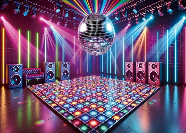 Alt view image 2 of 7 - Disco Stage Backdrop Retro Rock Music Disco Ball Glow Colorful Photography Background 70s 80s 90s Night Club Neon Dance Prom Birthday Party Decoration Banner Photo Props (8x6FT)