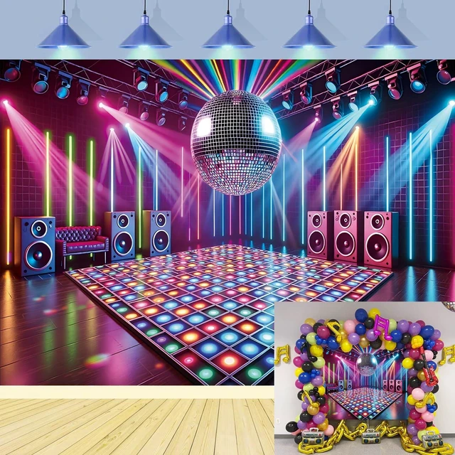 Main image of Disco Stage Backdrop Retro Rock Music Disco Ball Glow Colorful Photography Background 70s 80s 90s Night Club Neon Dance Prom Birthday Party Decoration Banner Photo Props (8x6FT)