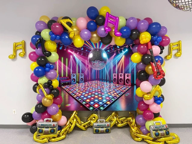 Alt view image 3 of 7 - Disco Stage Backdrop Retro Rock Music Disco Ball Glow Colorful Photography Background 70s 80s 90s Night Club Neon Dance Prom Birthday Party Decoration Banner Photo Props (8x6FT)