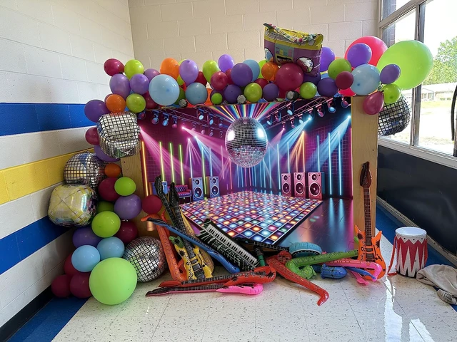 Alt view image 5 of 7 - Disco Stage Backdrop Retro Rock Music Disco Ball Glow Colorful Photography Background 70s 80s 90s Night Club Neon Dance Prom Birthday Party Decoration Banner Photo Props (8x6FT)