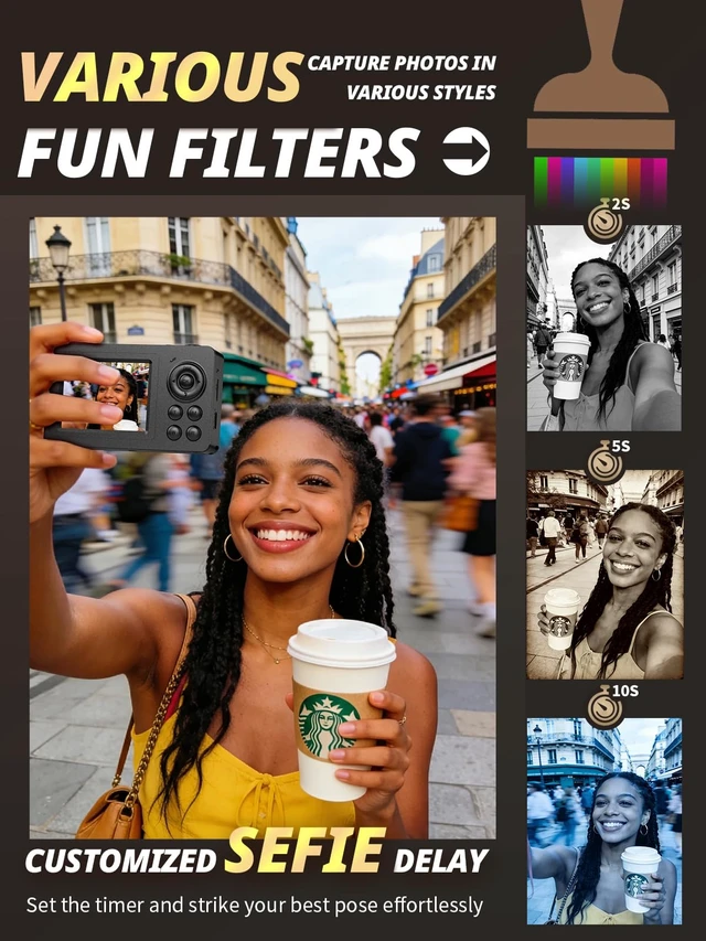 Alt view image 4 of 7 - 4K 64MP Compact Travel Digital Camera for Teens Adult Beginner, Dark Black 4K Video Resolution, 64MP Image Resolution, 18X Digital Zoom, Sefied Delay, Anti Shake, Various Filters, Metal Shell