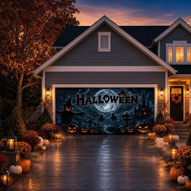 Alt view image 5 of 7 - Halloween Garage Door Decorations Cover 16x7ft, Large Realistic Hanging Cozy Scary Backdrop Decoration Banner for Outdoor Garage Yard Party Photo Background Supplies (Halloween 2)