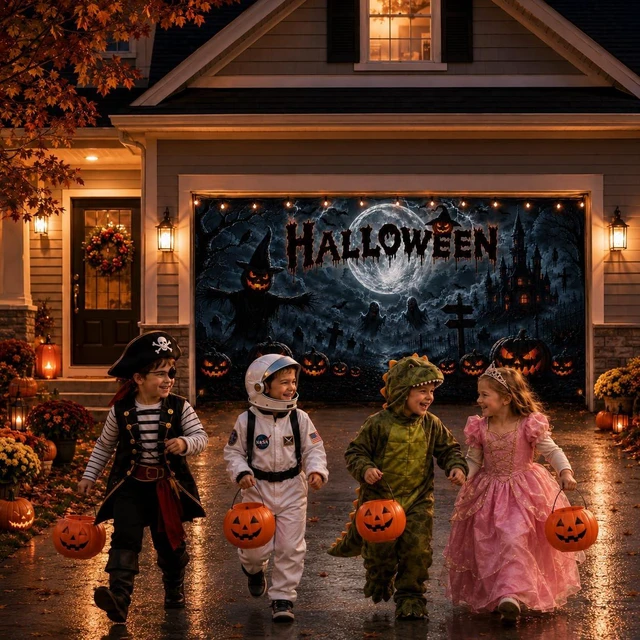 Alt view image 7 of 7 - Halloween Garage Door Decorations Cover 16x7ft, Large Realistic Hanging Cozy Scary Backdrop Decoration Banner for Outdoor Garage Yard Party Photo Background Supplies (Halloween 2)
